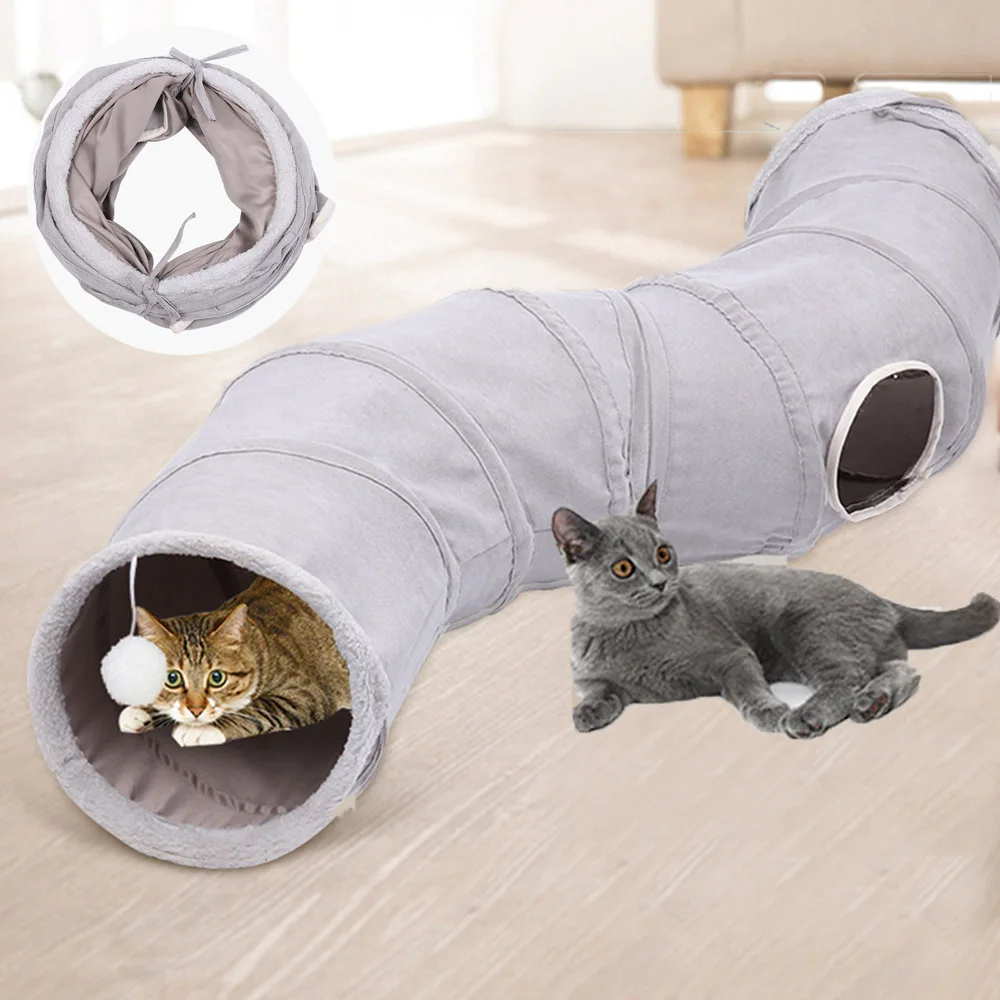 

Foldable Cats Tunnel Pet Training Interactive Fun Collapsible Toys Kitten Play Grey Tube Suede Pet Crinkle Tunnel Tent with Ball