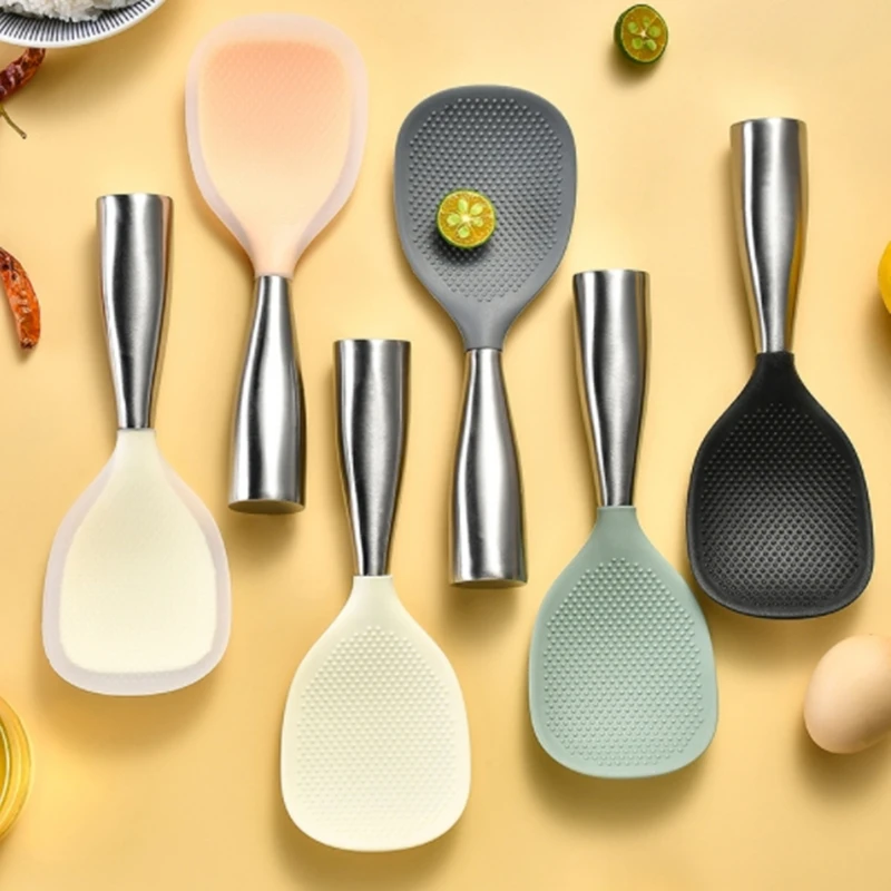 304 Stainless Steel Handle Rice Spoon Non-stick Silicone Serving Soup Scoop Dish Scrapers Kitchen Tools Heat Resistant