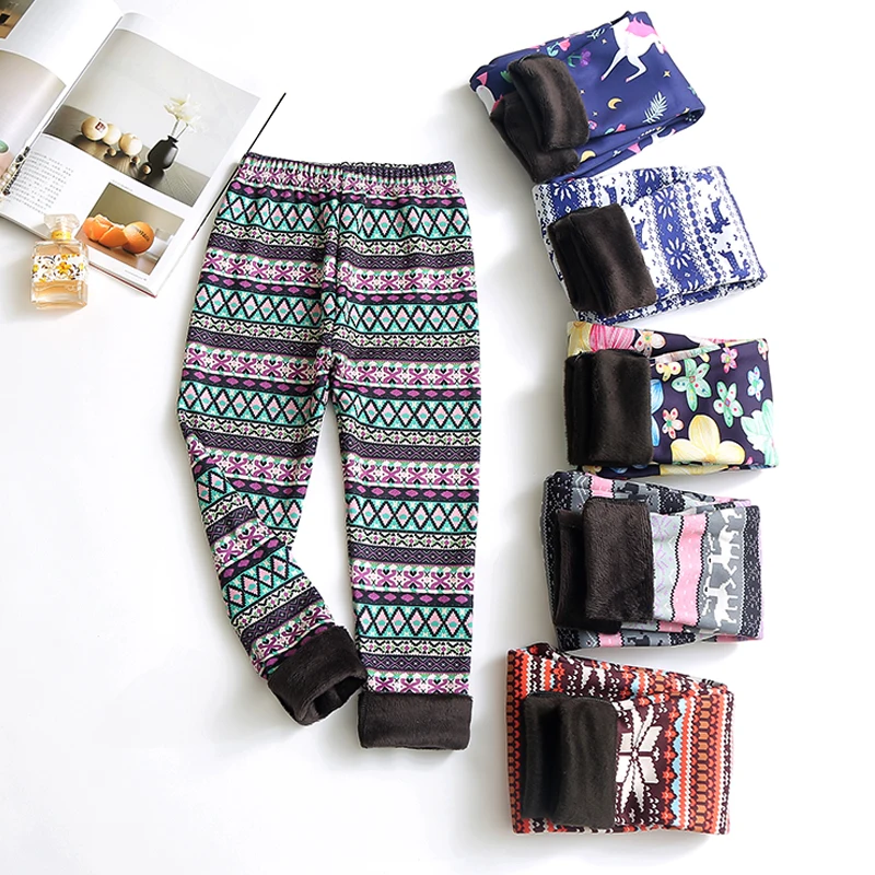 Christmas Children's Pants Unicorn Pattern Thicked Warm Velvet Kids Girls Straight Leggings for Autumn Winter