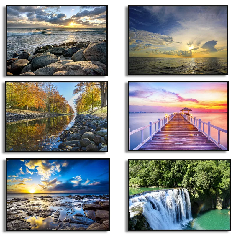 Nordic Sunset Beach Tree Seascape Painting Canvas Print Poster Home Decor Living Room Tropical Island Sunrise Picture Wall Decor