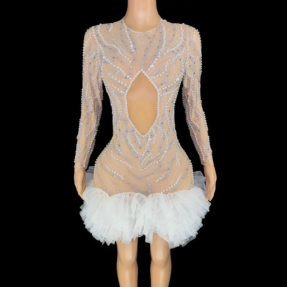 

Rhinestones Pearls Evening Celebriate Birthday Dress Sexy Mesh Short Dance Dress Performance Costume Stage Wear