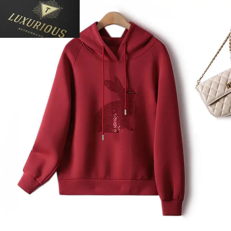 

Light Luxury Sequin Embroidered Hoodies Women 2024 Spring Autumn Loose High Quality Hooded Air Cotton Animal Female Clothing 4XL