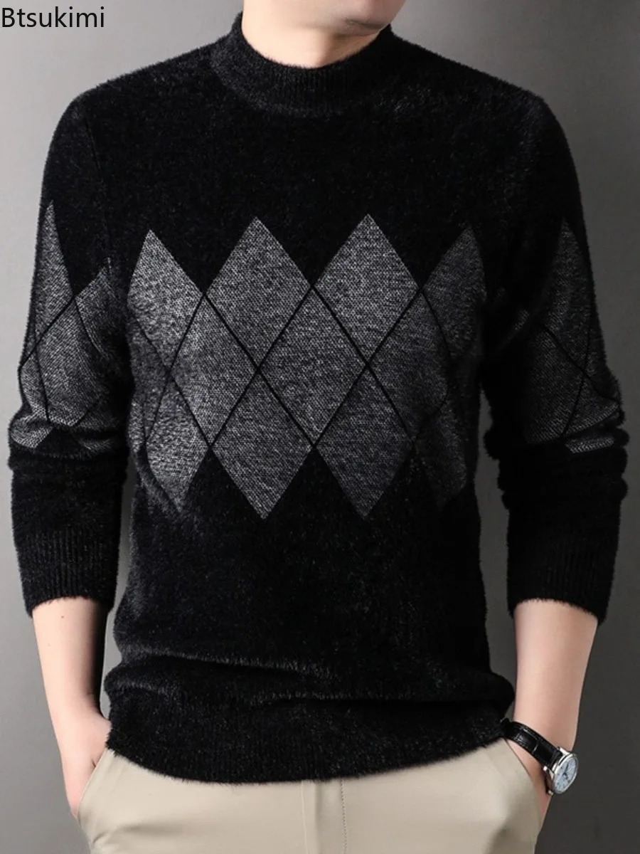 

2024 New Men's Winter Thicker Half High Neck Warm Sweaters Fashion Imitation Mink Velvet Knitted Pullovers Men Jacquard Sweaters