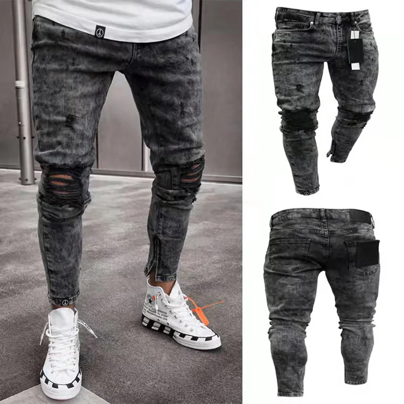 Men European American Style High Street Ripped Hip Hop Stylish Skinny Jeans High Quality Holes Casual Cotton Pencil Denim Pants