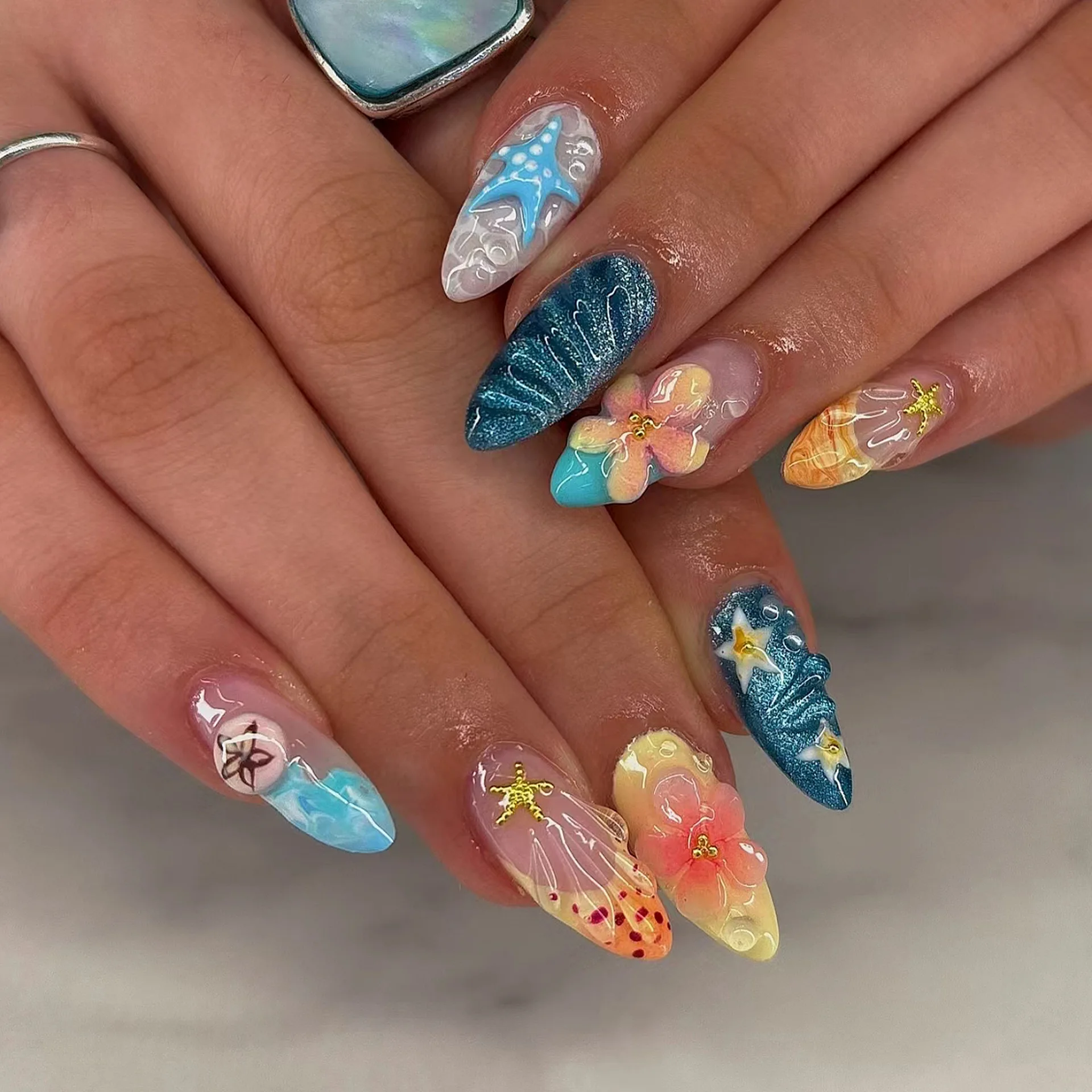 24PCS Pink Almond Press-On Nails with 3D Floral Design and Golden Pearl Accent