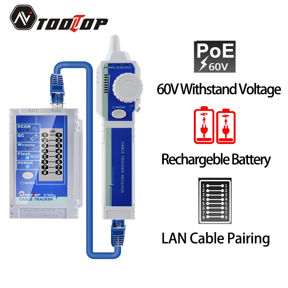 TOOLTOP ET608 Network LAN Line Finder PoE Test 3KM Digitalized Cable Tracing QC NCV Test Breakpoint Ethernet Cable Checking