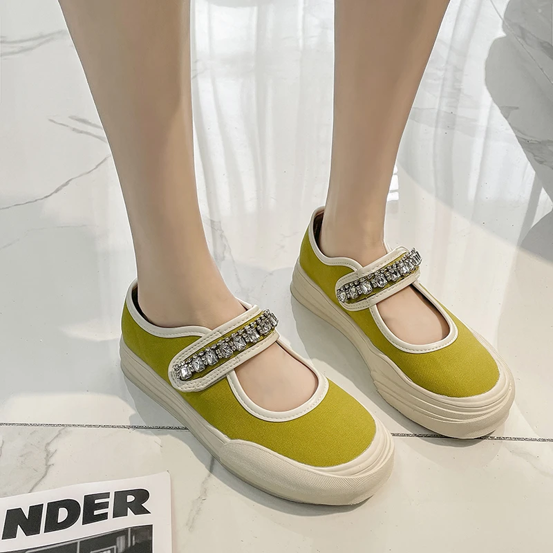 LazySeal Women Flat Crystal Design Round Toe Casual Shoes Hook Loop Canvas Upper Ladies Footwear Summer Breathable Flat Shoes