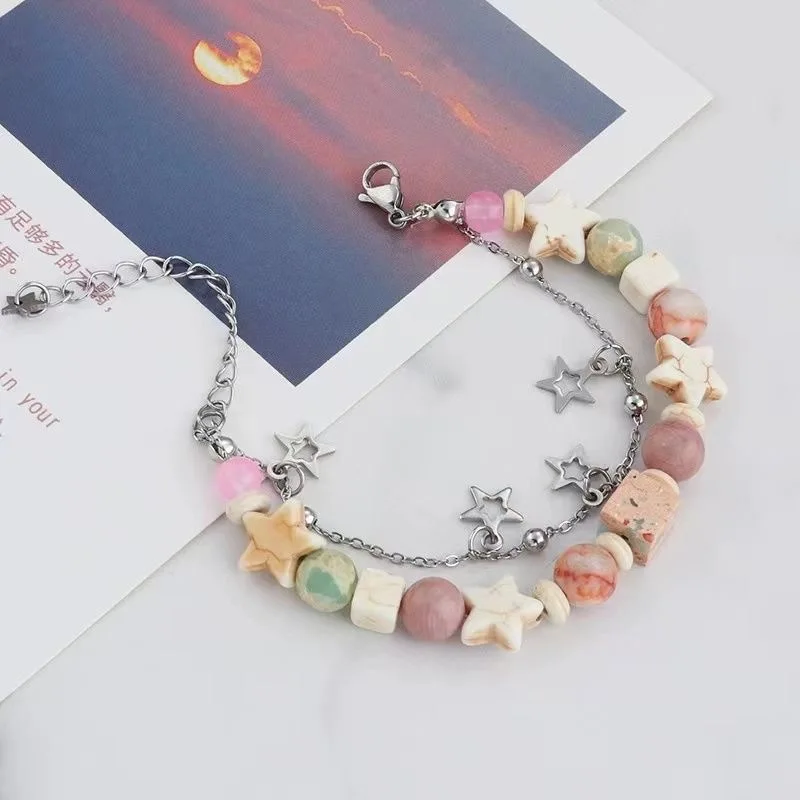 Y2K Double Layers Star Beaded Bracelet for Women Handmade Cream Color Matching Natural Stone Bracelet Aesthetic Party Jewelry