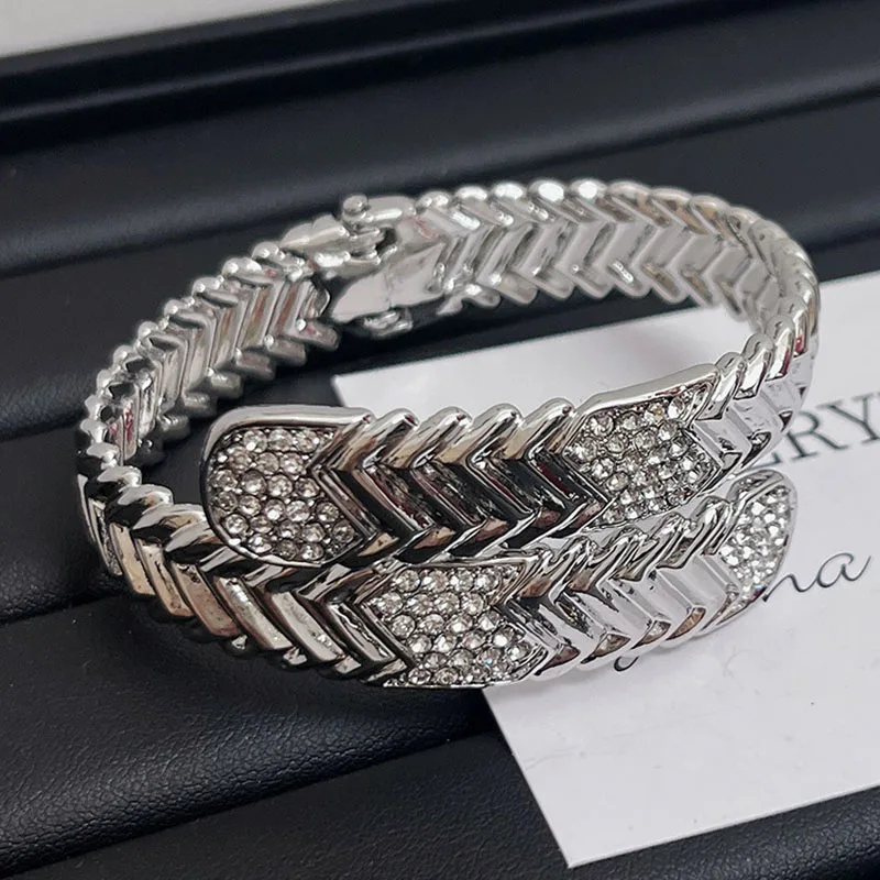 Rhinestone pave double layered snake bangle for women Snap clasp wide bangles vintage handmade elegant jewelry new in 6