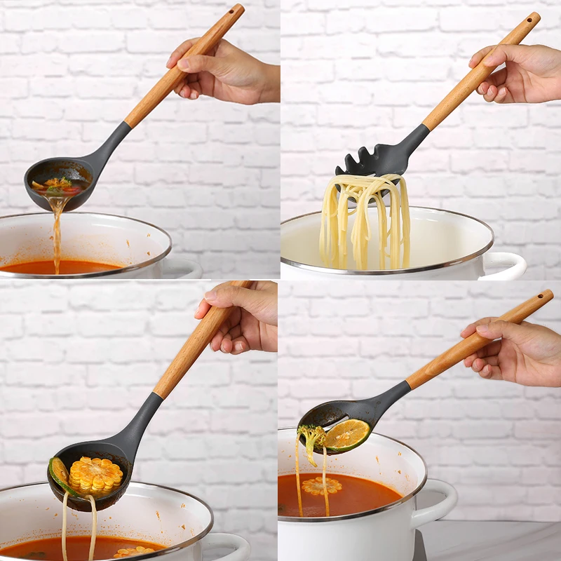 Kitchen Utensils 1Pcs Silicone Wood Handle Gray Spatula, Soup Spoon, Spatula, Spaghetti Noodle, Kitchen Cooking Tools, Kitchen Utensils Tableware