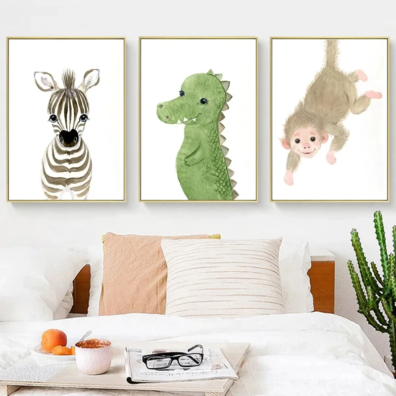 

Watercolor Elephant Lion Giraffe Monkey Animal Nursery Wall Art Print Canvas Painting PostersChild Picture Baby Kids Room Decor