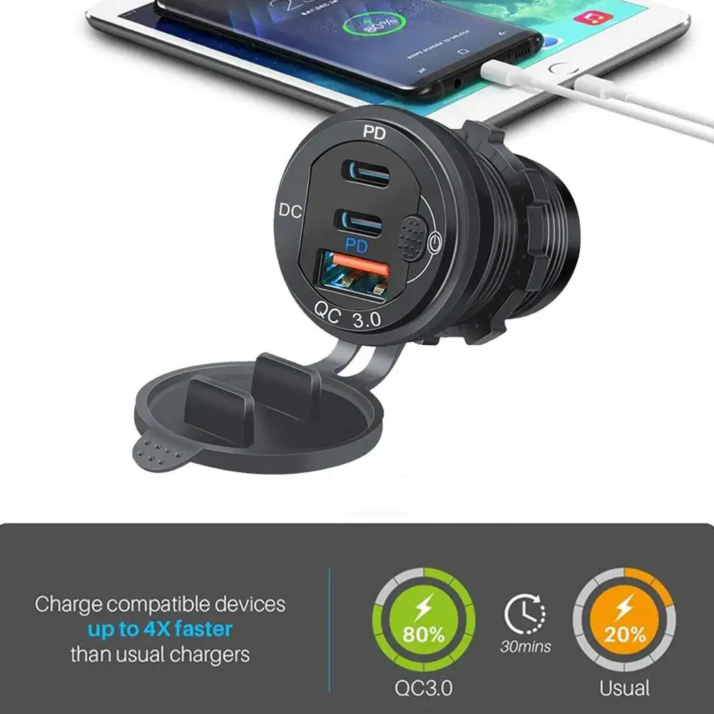 

Автомобильное зарядное устройство для RV лодки QC3.0 и PD Type C, зарядное устройство с 3 USB-портами, металлический адаптер, переключатель заряда, вольтметр, гнездо для быстрой зарядки автомобиля с алюминиевым разъемом F1X9