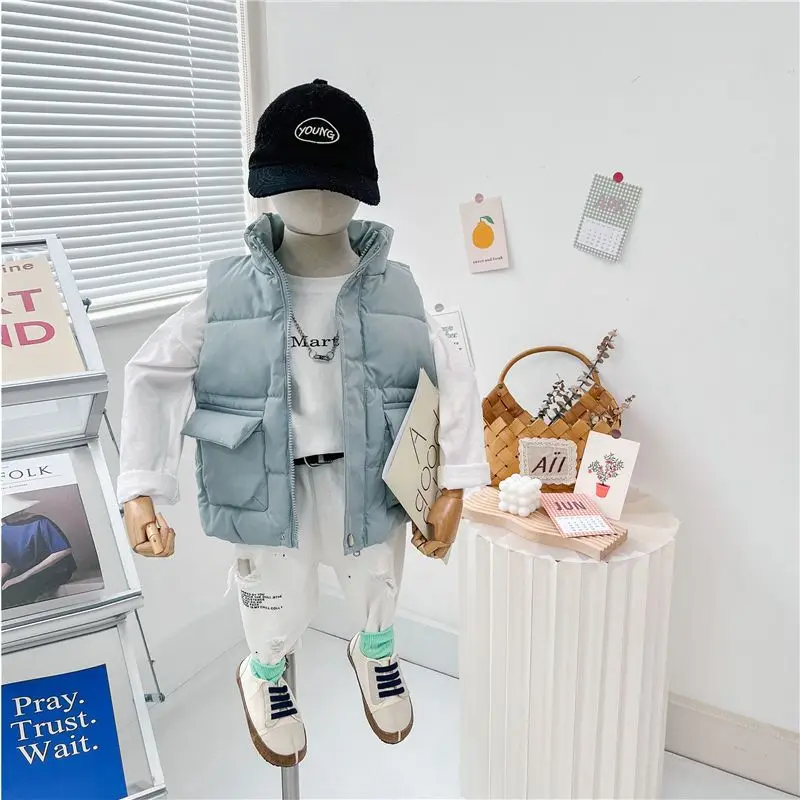 어린이 다운 조끼 소년 소녀 캐주얼 코튼 조끼 가을 겨울 어린이 방수 두꺼운 코트 주머니가있는 따뜻한 겉옷 천