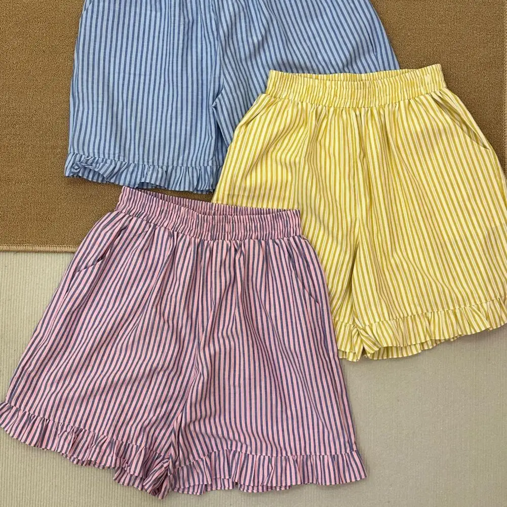 

Sporty Women Shorts Candy-colored Elastic Waist Pajama Shorts Striped Print Shirring Edge Comfortable Homewear for Sleep Summer