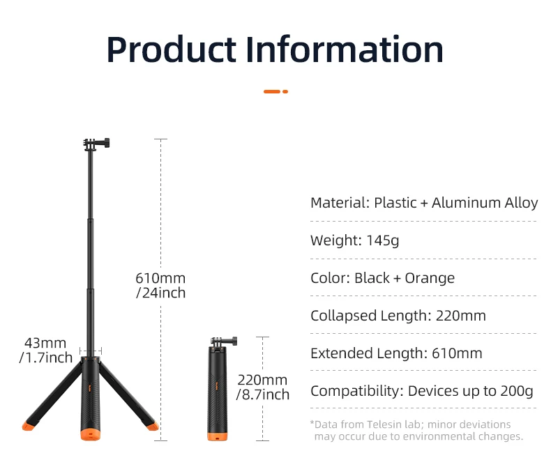 Underwater Buoyancy bar Diving Extendable Selfie Stick Tripod For Gopro Insta360
