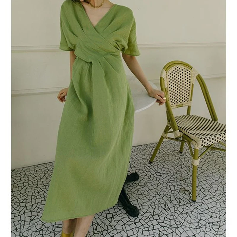 

Summer V-neck Fashion Short Sleeve Midi Dress Women High Street Casual Pleated Dresses French Style Elegant All-match Vestidos