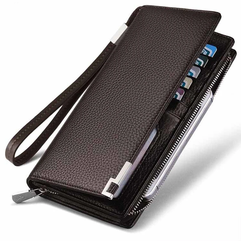 Multi-function Solid Color Wallet Men Multi-Card Holders Phone Pocket Business Clutch Coin Purse Vintage Zipper Money Bag