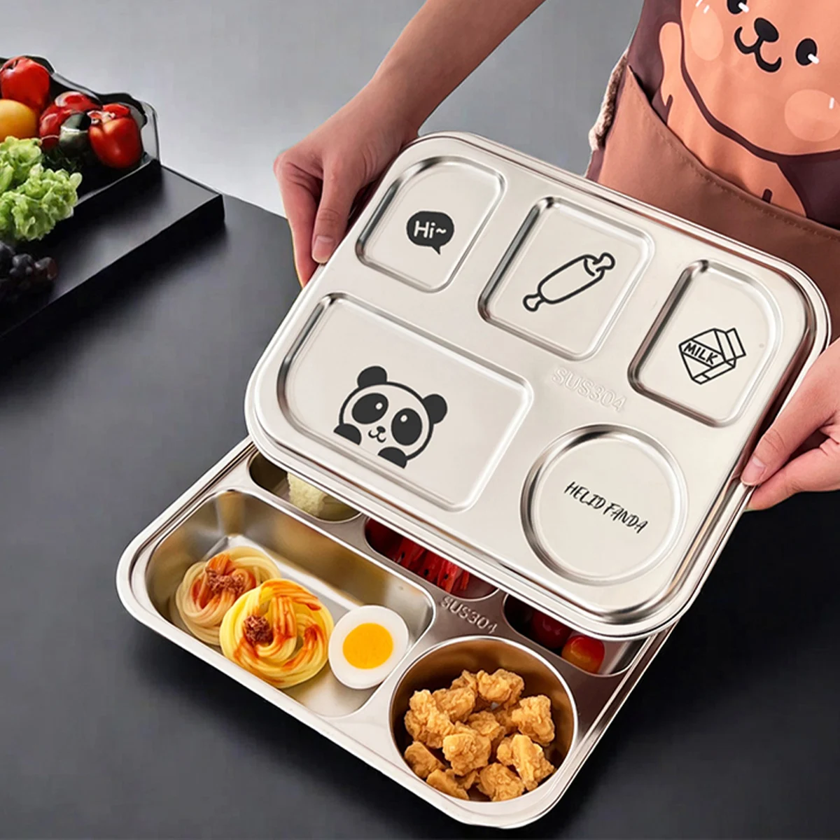 WORTHBUY 4/5-Compartments Dinner Plate For Student 304 Stainless Steel Fast Food Plate Canteen Divided Dinner Tray With Lid