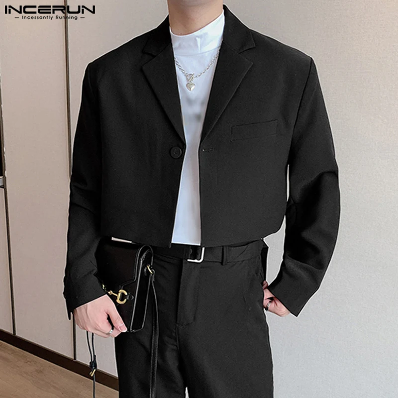 INCERUN Men Blazer Solid Color Lapel Long Sleeve Streetwear Casual Suits Autumn One Button 2023 Fashion Male Crop Coats S-5XL 3