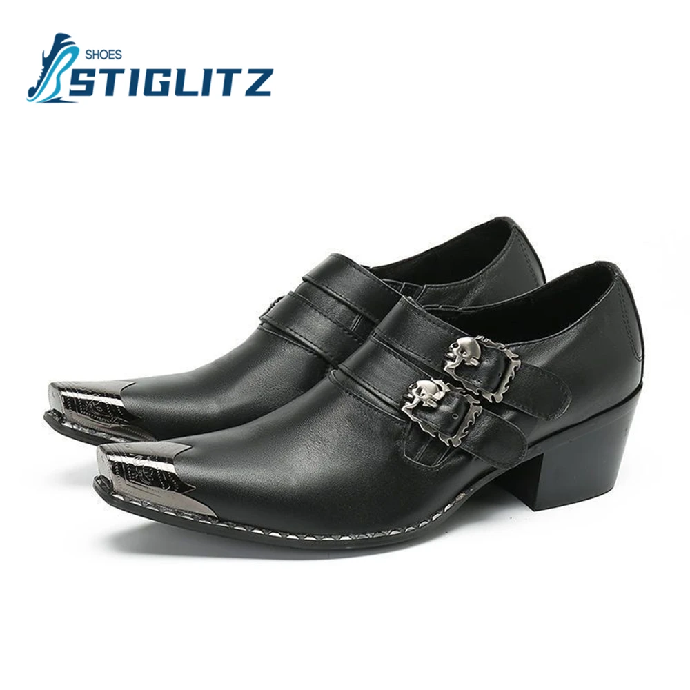 Flame Buckle Chelseas Black Genuine Leather Shallow Mules Metal Square Toe Sewing Thread Heeled Shoes Business Dress Men's Shoes