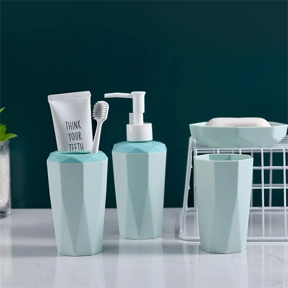 Toothbrush Cup Set 4PCS Diamond Shape Plastics Bathroom Accessories Sets Nordic Matte Toothbrush Holder Cup Soap Dispenser Bathroom Kit Toothbrush Case Toothbrush Storage Rack Toothbrush Storage Box Mouthwash Dispenser