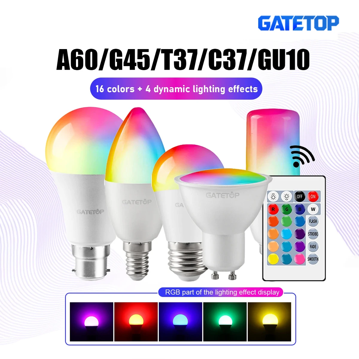 รูปสินค้า หลอดไฟ RGBW สปอตไลท์ ปรับสีได้ พร้อมรีโมท E27 E14 B22 GU10