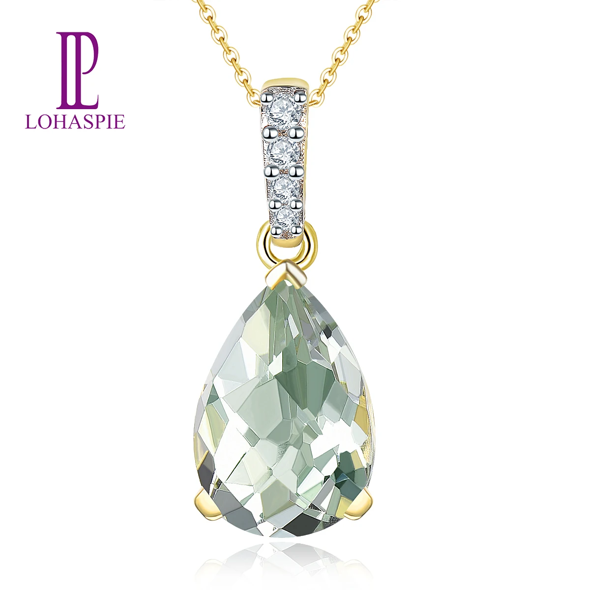 

LP Water Drop 14K 585 Gold Pendant for Women Natural Green Amethyst Quartz Gemstone Real Diamond Fine Luxury Jewelry