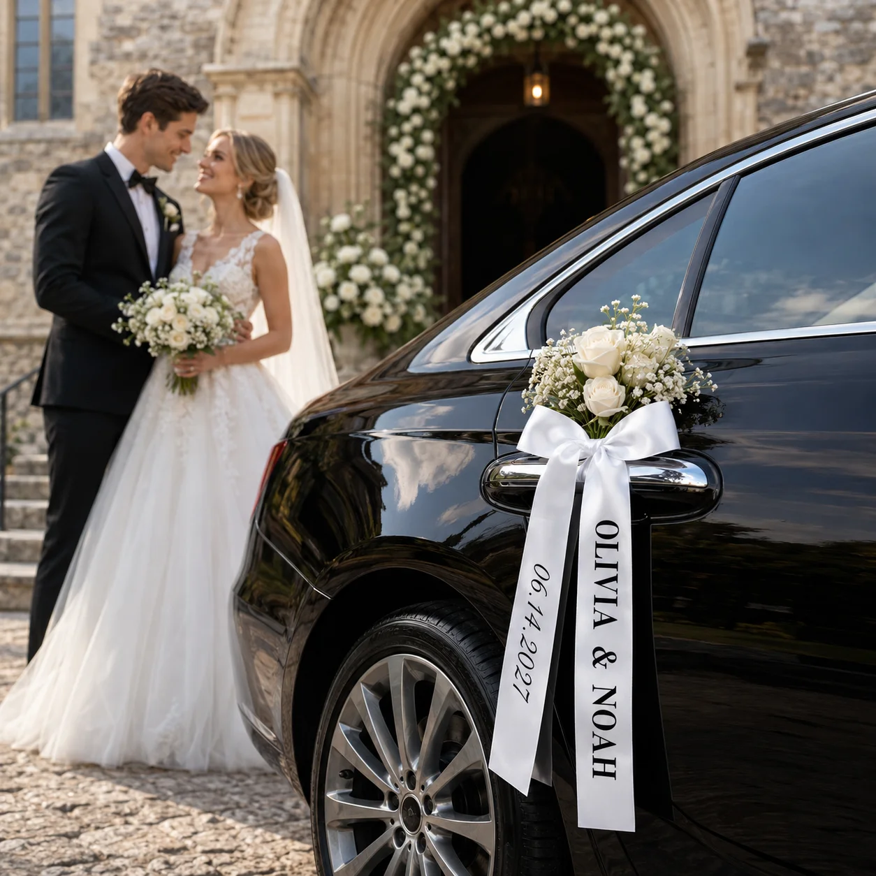 Personalized Wedding Car Ribbon with Custom Text – Elegant Satin Bow Tails for Bridal Decor and Gifts
