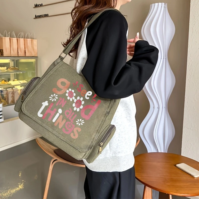 Playful Design Women's Crossbody Bag Shoulder Bag Large Capacity Canvas Messenger Bag for Student Use