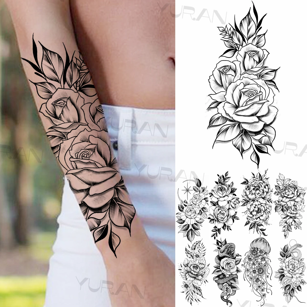 Tatouage Rose Avant Bras Tatouage Temporaire Pour Femmes, Autocollant 3d, Motif De Grande Fleur De  Rose Noire, Pour Filles, Serpent Réaliste, Méduse, Pour L'avant-bras -  Temporaire Tatouages - AliExpress