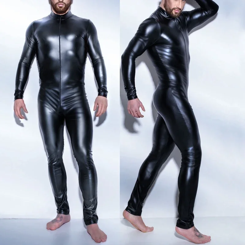 

Lakleder Rits Open Kruis Latex Catsuit Jumpsuit Sexy Lingerie Voor Mannen Erotische Kostuums Catsuit Bodysuit Clubwear