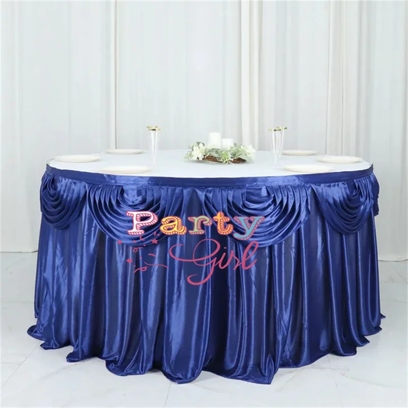 Hot Sale Round Size White Color Ice Silk Table Skirt Banquet Wedding Tablecloth Skirting Include Swag Drape Christmas Decoration
