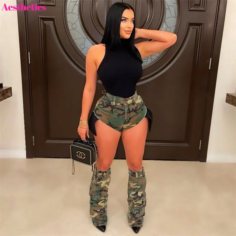 

Camouflage Cargo Shorts With Trouser Leg Cover Women Pockets Patchwork Button Fly Hipster Fashion Street Casual Camo Pants