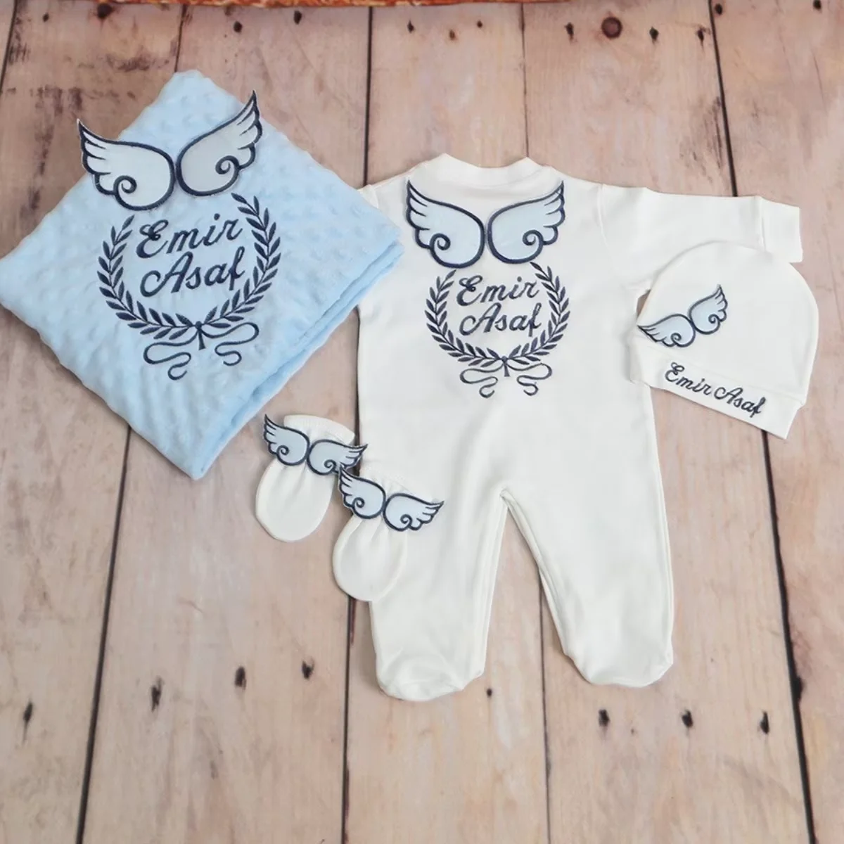 Hospital Exit Newborn Wings Romper & Swaddle Set - Embroidered Blanket and Nursery Bedding Collection
