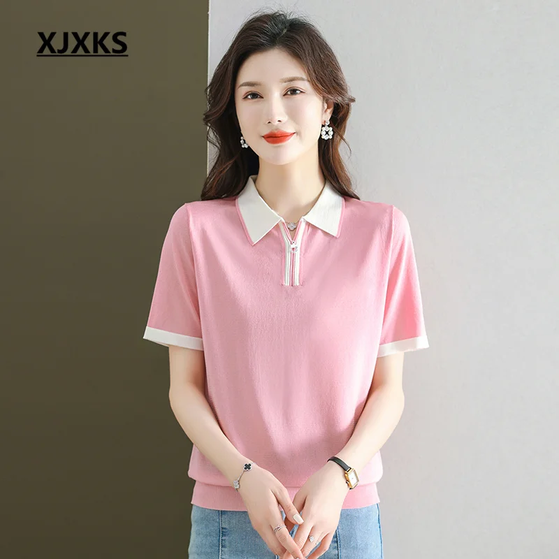 

XJXKS 2023 Summer New Fashion Lapel Short-sleeved Top High-quality Mulberry Silk Knit Pullover Women's T-shirt