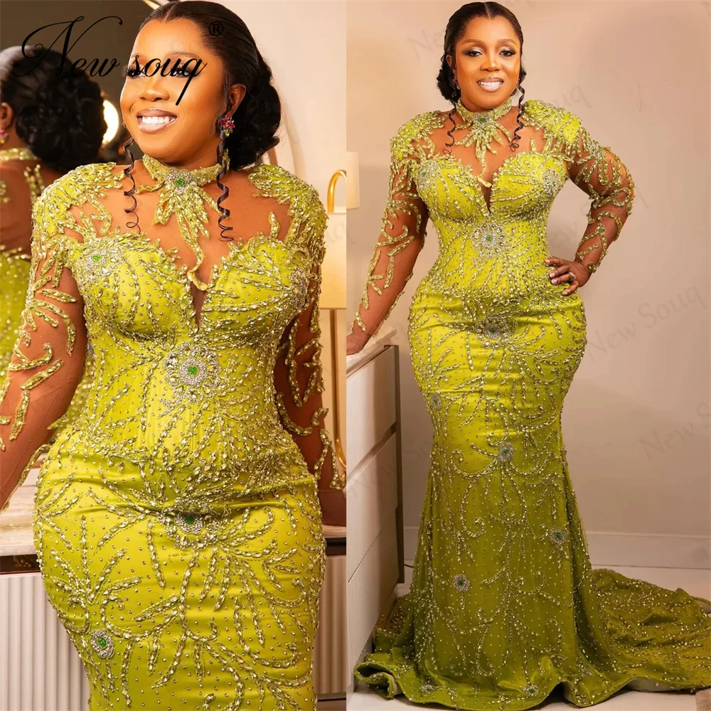 Nigeria Yellow Mermaid Evening Dresses African Aso Ebi Beaded Wedding Party Dress Luxury Prom Celebrate Gowns 2025 Customized
