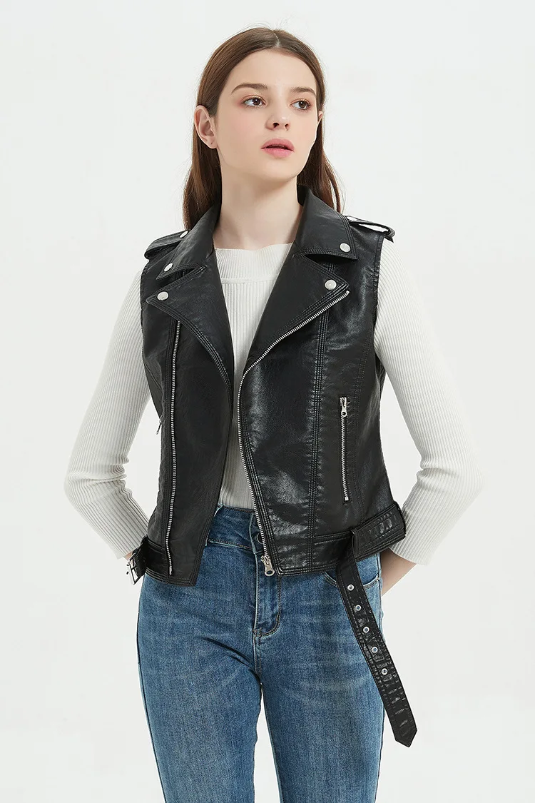 

Streetwear Women Soft PU Vest Female Plus Size 5XL Faux Sheepskin Lapel Coat Moto Biker Waistcoat Sleeveless Leather Jacket