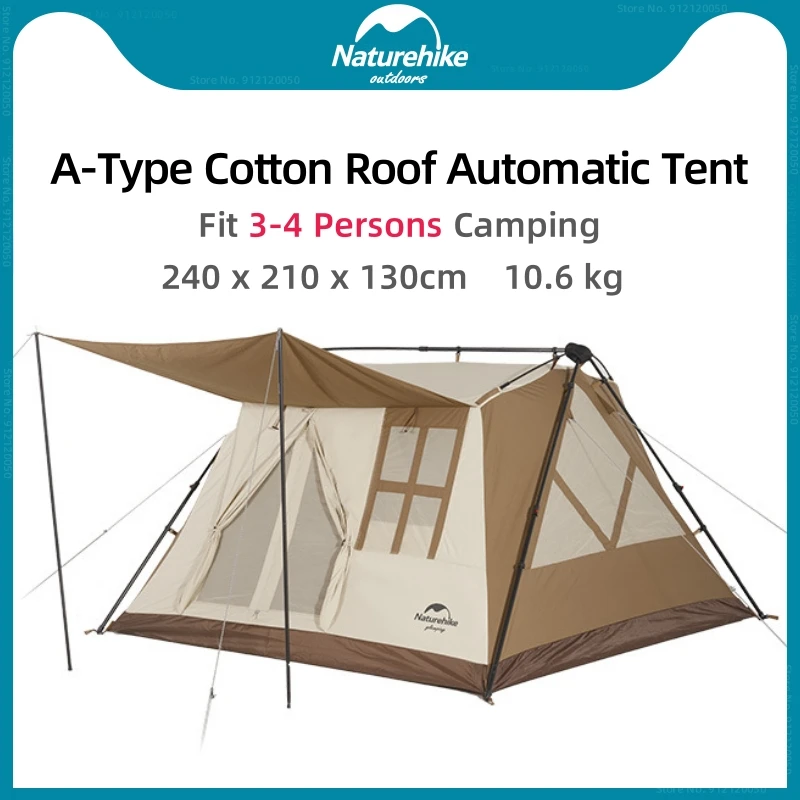 

Naturehike A-Type Cotton Roof Automatic Tent Portable Outdoor Camping Large Tent 3-4 Person Travel Picnic Waterproof Cabin Tent