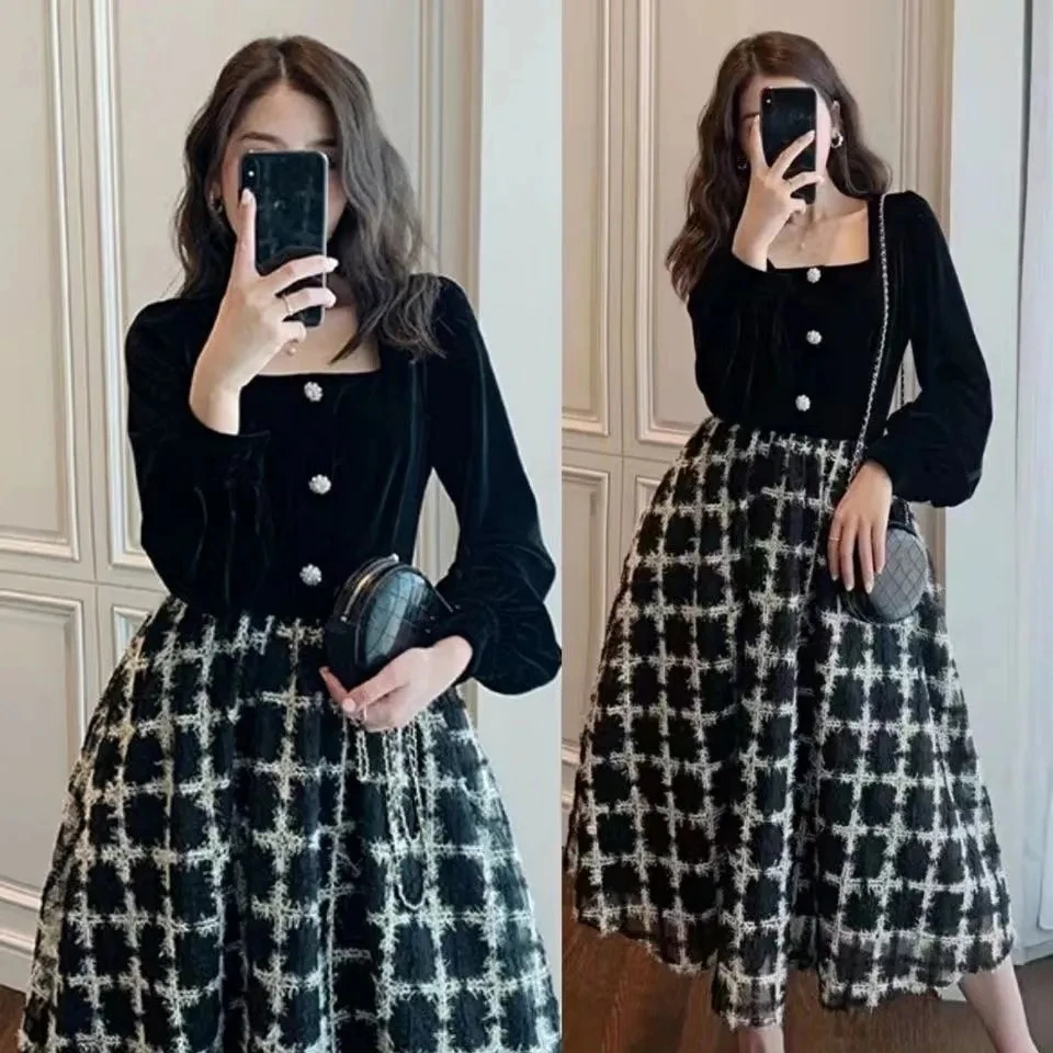 

women autumn winter black slim midi dress french graceful lady black plaid patchwork dresses 2023 new korean bottoming dress