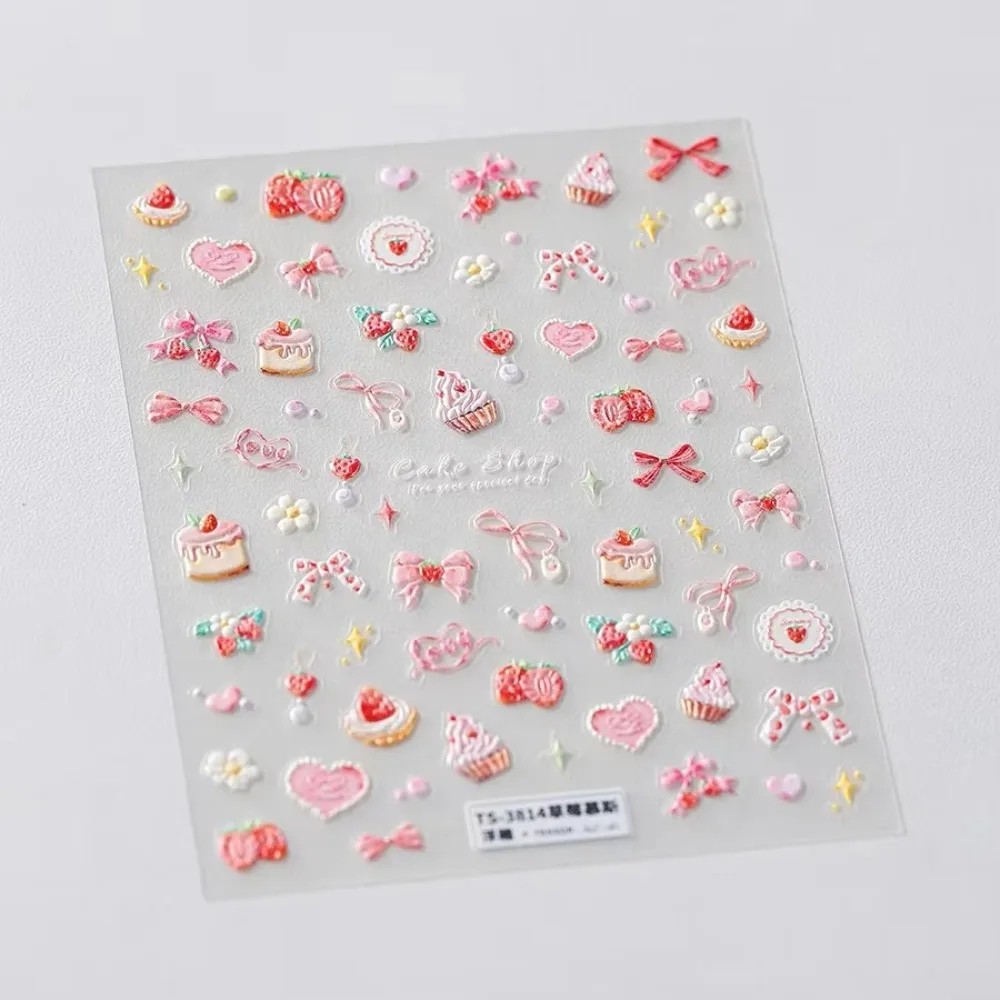 Lovely Strawberry Nail Art Stickers Bowknot 5D Embossed Reliefs Cup Stickers Self Adhesive Muffin Cream Cake Ice Cream