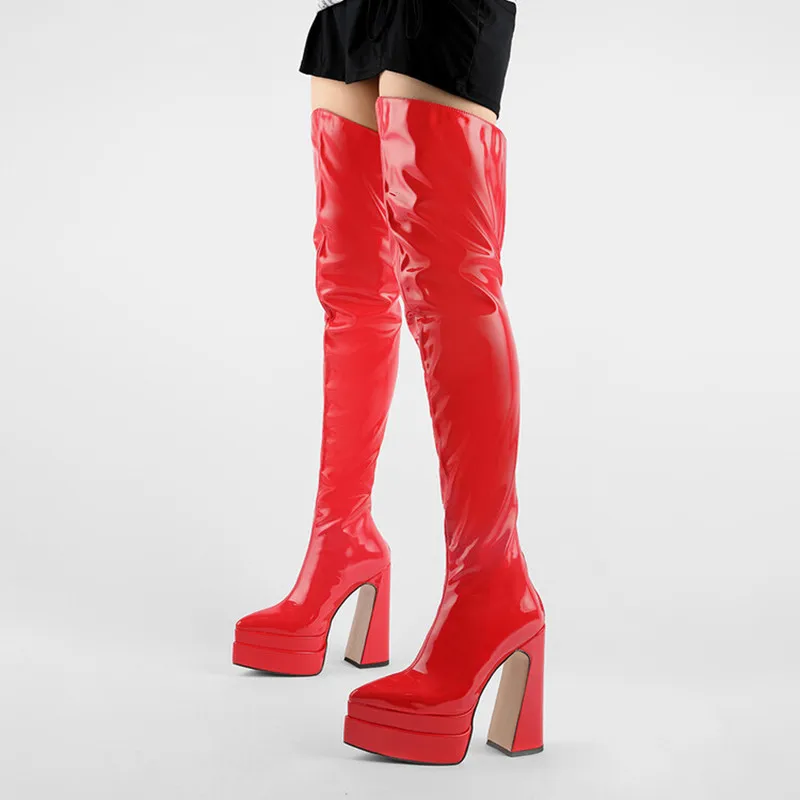 

Women's Thigh Women's Boots Thick Sole Over Knee Fashion Super Heels New Patent Leather Party Fashion Winter Boots