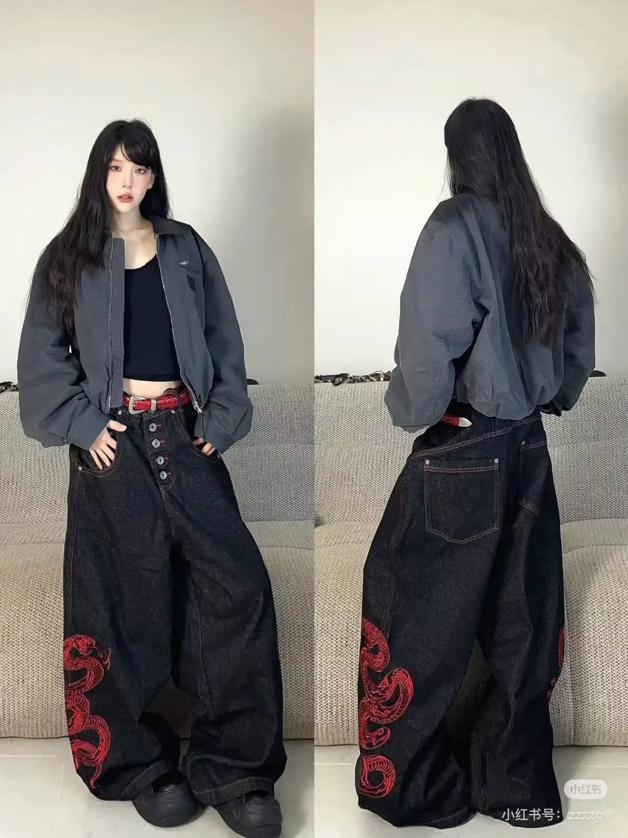 Y2k Embroidered Red Snake American High Street Retro Heavy Industry 3D Black Jeans for Men and Women Street Loose Wide Leg Pants 1
