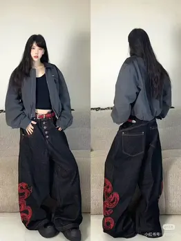 Y2k Embroidered Red Snake American High Street Retro Heavy Industry 3D Black Jeans for Men and Women Street Loose Wide Leg Pants 1