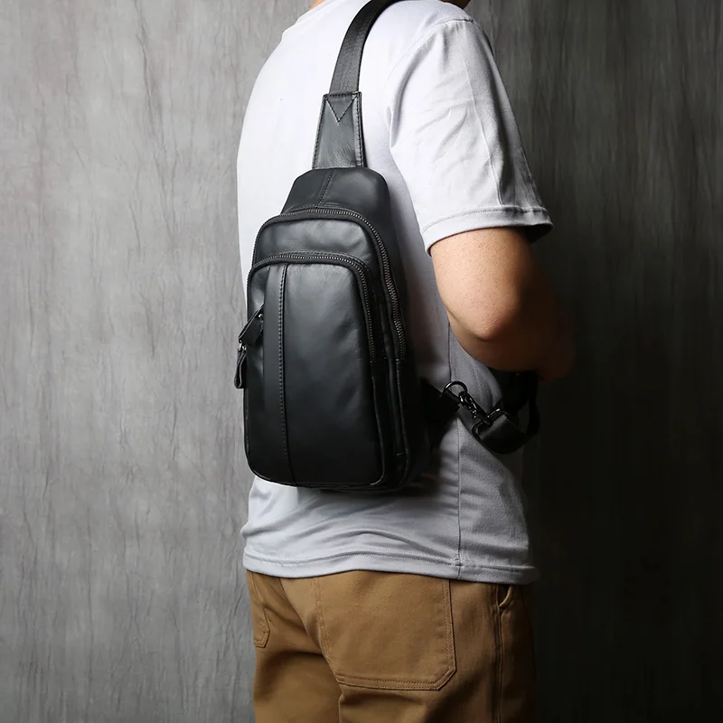 NZPJ Trendy Leather Men's Chest Bag Casual Shoulder Bag Natural Cowhide Messenger Bag Black Small Backpack For 8 Inch Tablet