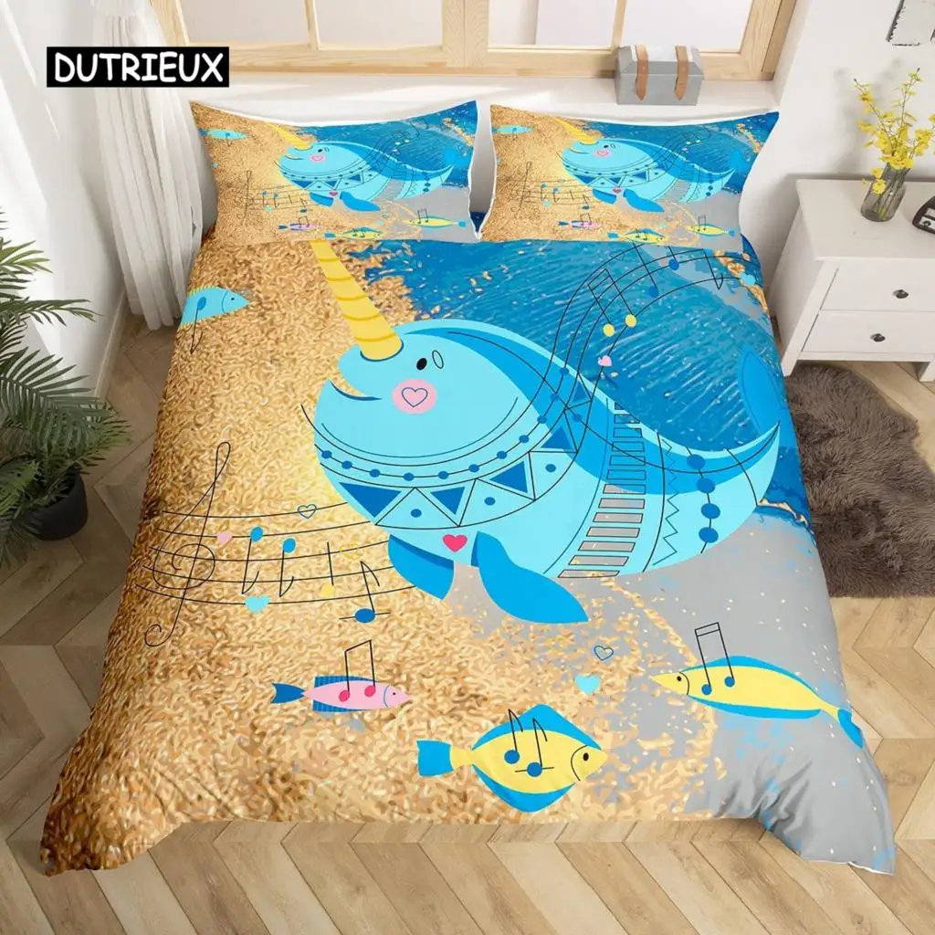 

Dolphin Comforter Cover King Size Cute Unicorn Duvet Cover Cartoon Animal Pattern Bedding Set Blue Ocean Beach Theme Quilt Cover