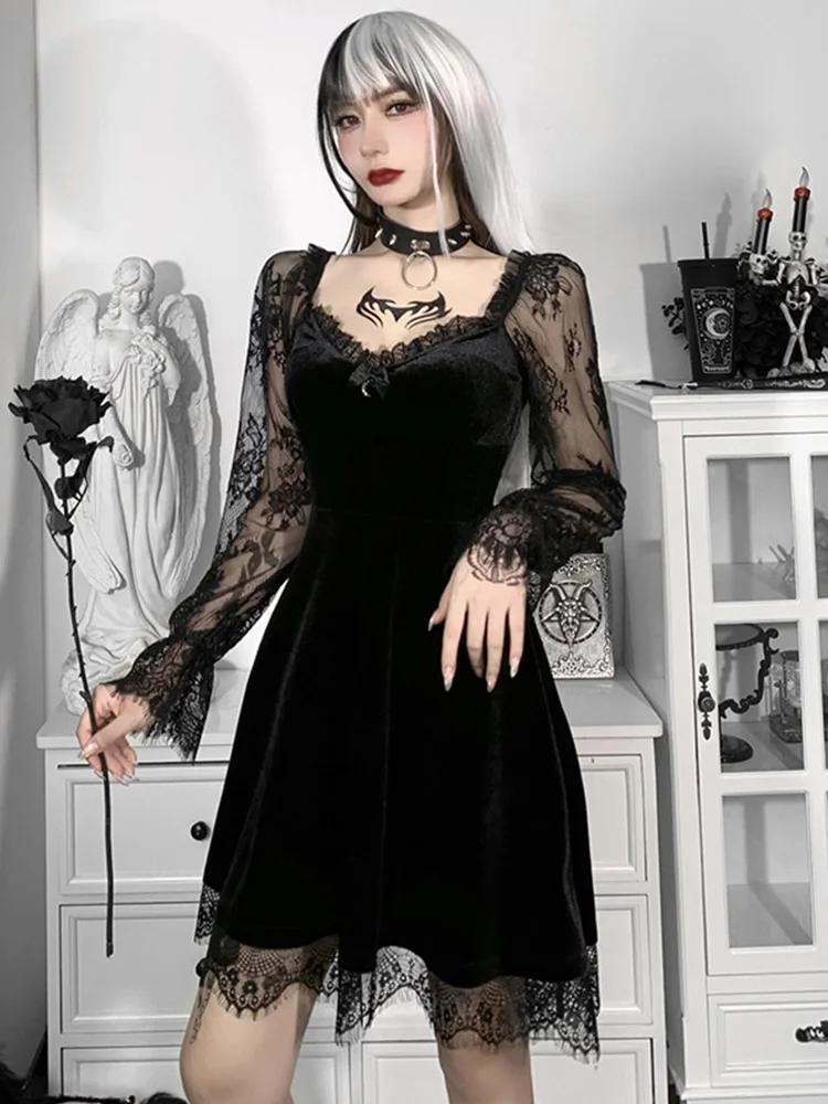 Gothic Lolita Girl Lace Trim Velvet A-Line Dress Women Sexy Perspective Long Sleeve V Neck Slim Mini Dress Cosplay Party Costume 4