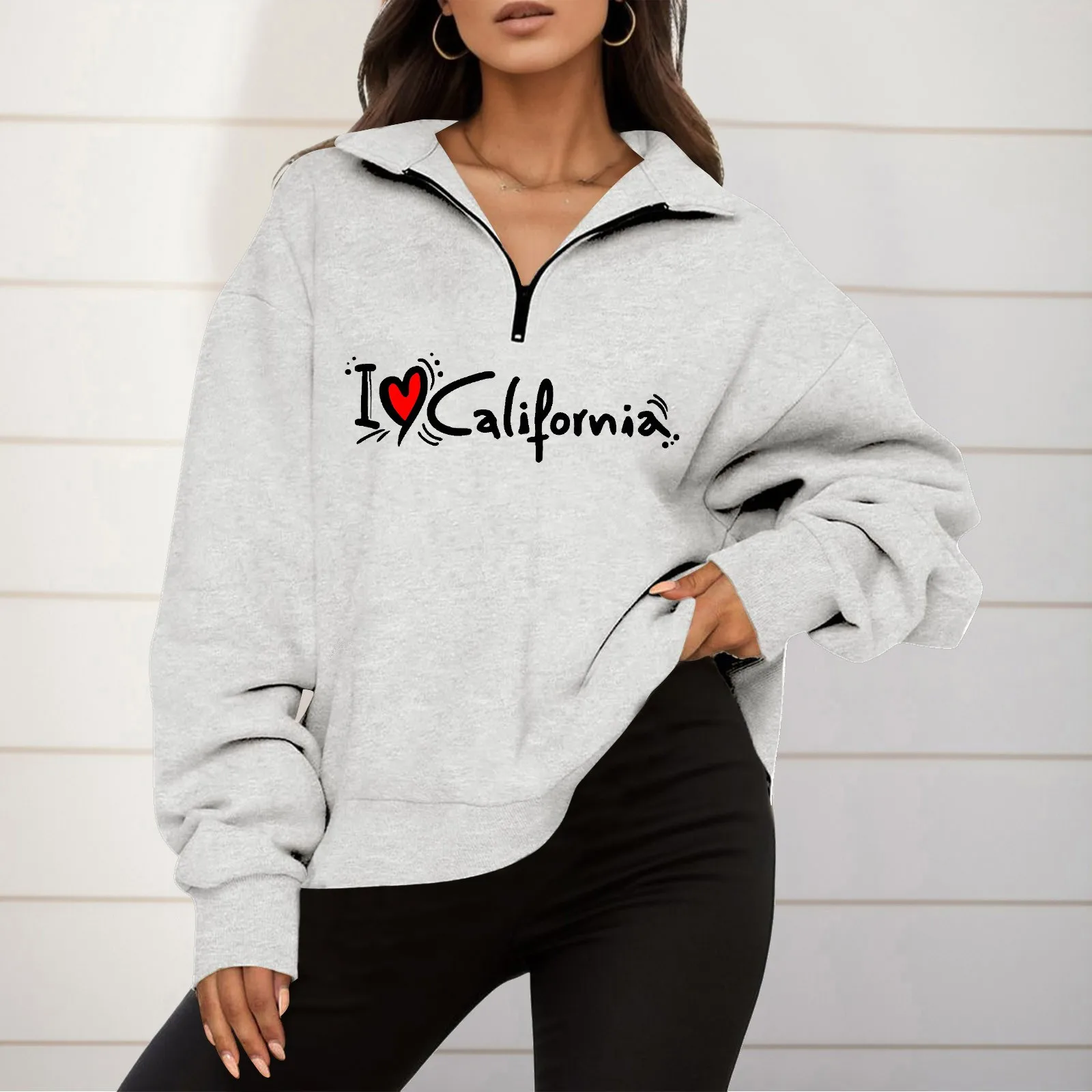 

Korean Zip Up Long Sleeve Hoodies Womens Heart Letter Print Zipper Sweatshirt White Gery Black Pullover Oversize Hooded Sweater