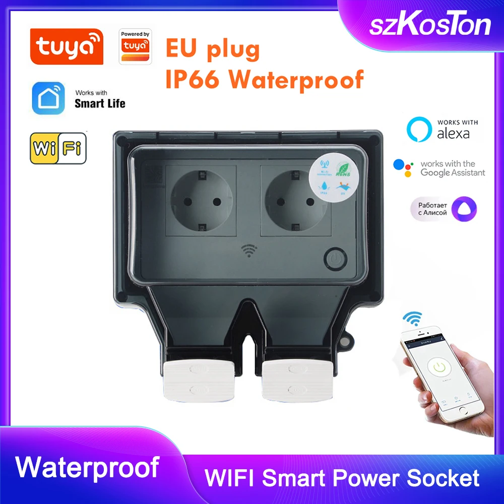 

Tuya Smart Home Wifi EU Power Socket Outdoor Smart Wall Socket Box IP66 Waterproof Home Appliance works with Alexa Google Alice