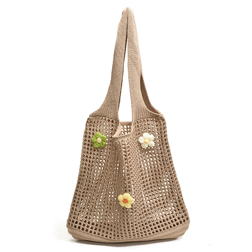Knitted Tote Bag Woven Hobo Handbag with Flower Decor for Women