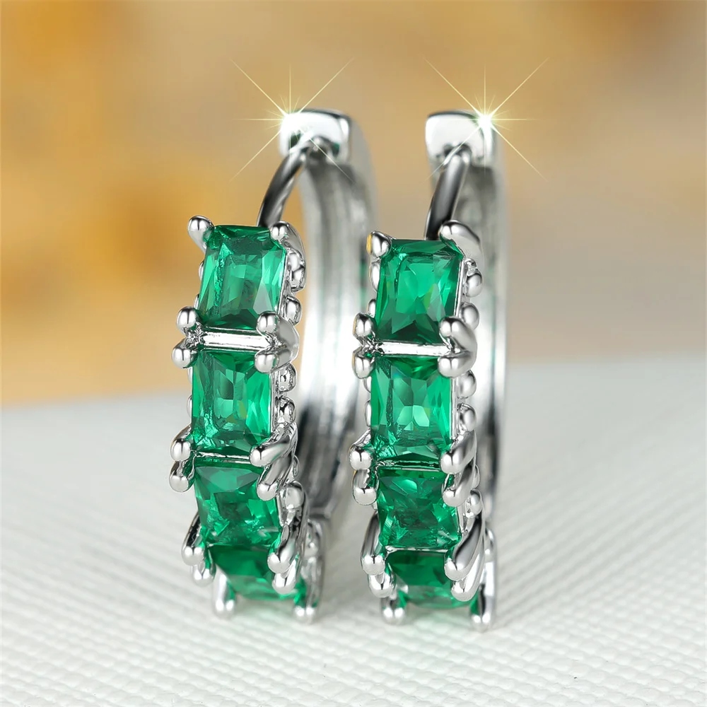 Fashion Green Crystal Zircon Geometric Stone Hoop Earrings For Women Vintage Silver Color Small Ear Buckle Wedding Jewelry Gifts
